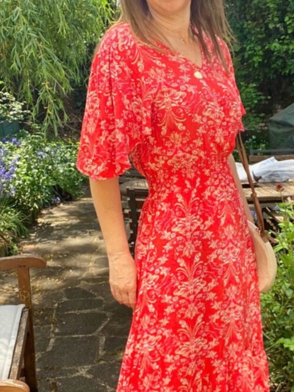 Able the Label, Red Floral V-Neck Hi-Low Dress with Short Sleeves